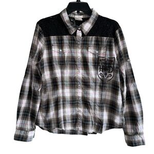 Harley-Davidson Plaid Button-Up Shirt with Black Lace Detail Size XL